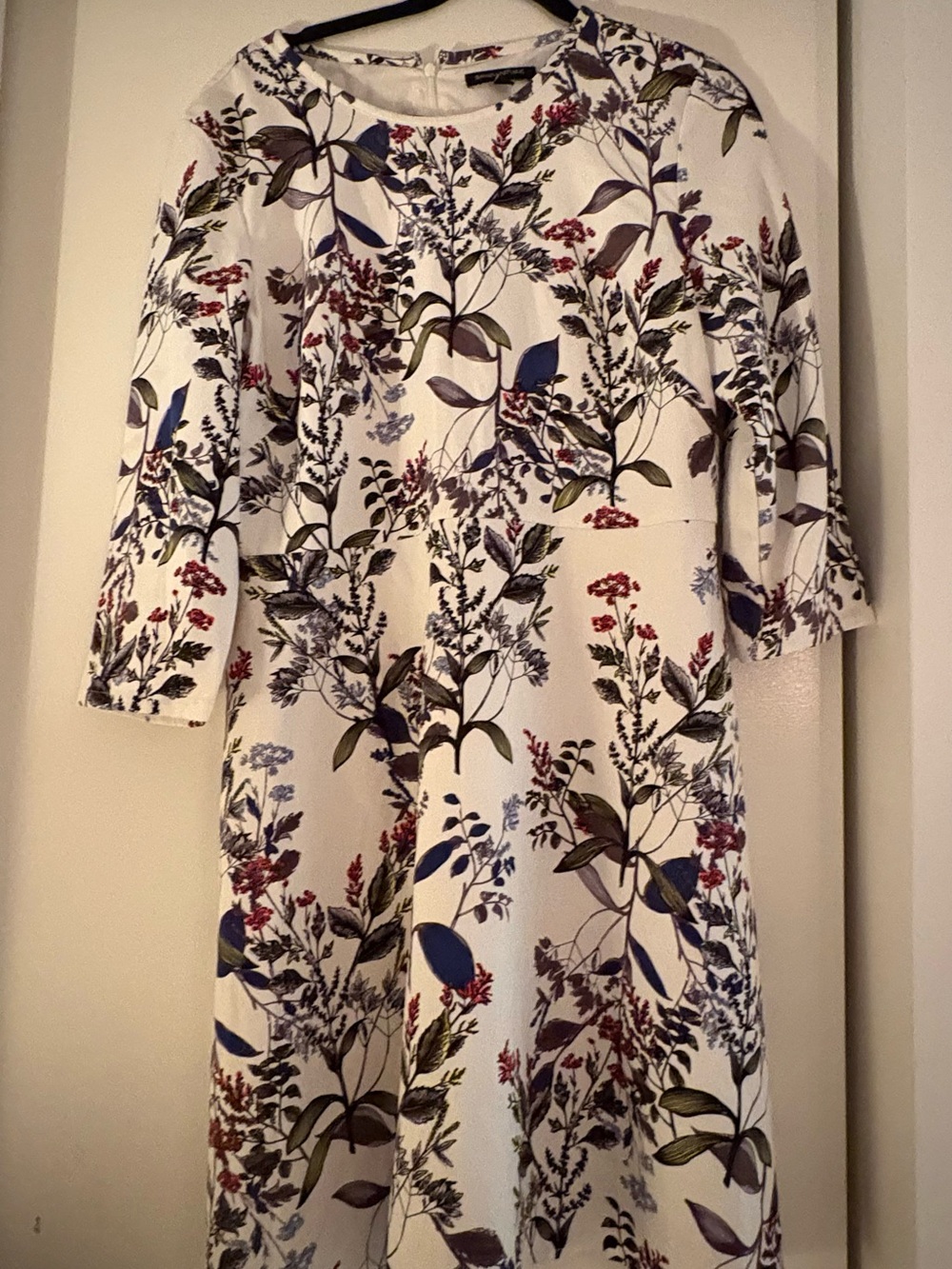 Banana Republic White Midi Dress with Blue, Green & Red Botanical Print